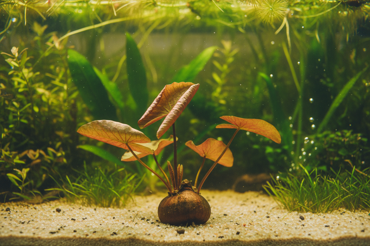 Roter Tigerlotus (Nymphaea lotus) auf Sandboden im Süßwasseraquarium