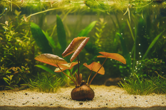 Roter Tigerlotus (Nymphaea lotus) auf Sandboden im Süßwasseraquarium