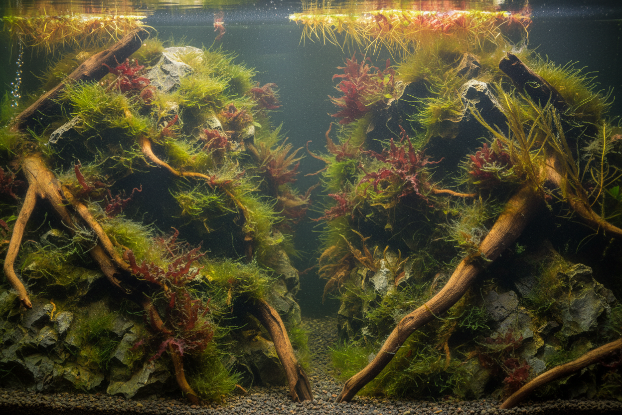 Hier ist ein Aquarium zu sehen, in welchem viele Algen die Schönheit und das gesunde Gleichgewicht stören
