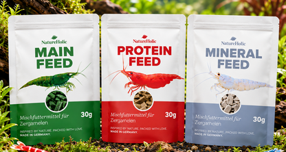 Kennerpaket – NatureHolic Garnelenfutter Mainfeed, Proteinfeed & Mineralfeed je 30 g