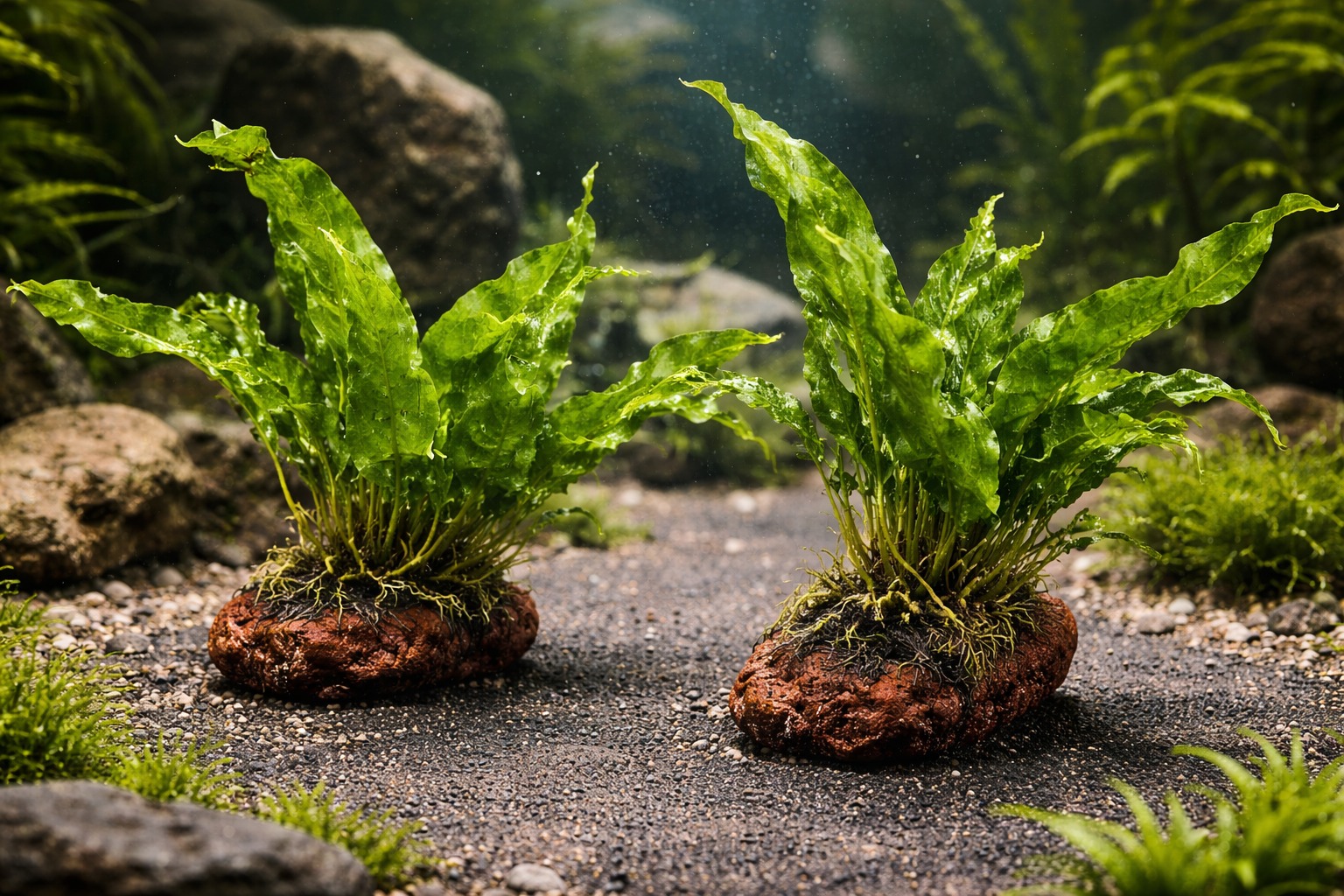 Wasserflanze Javafarn (Microsorum  pteropus) auf Lavastein im aquarium