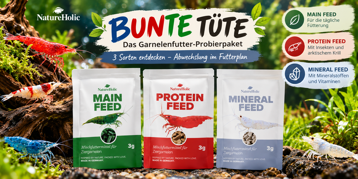 Bunte Tüte – NatureHolic Garnelenfutter-Probierpaket, 3 × 3 g