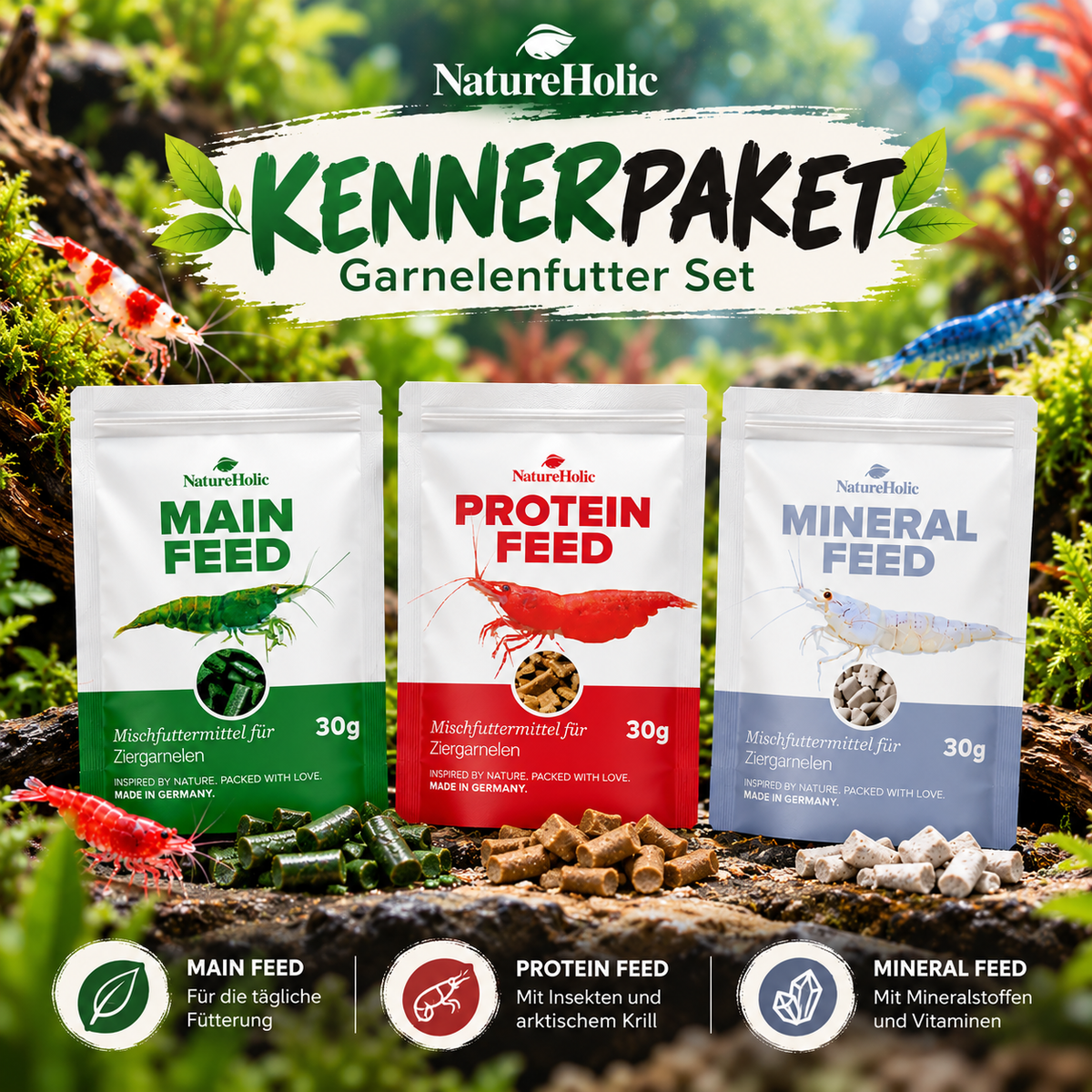 Kennerpaket – NatureHolic Garnelenfutter Mainfeed, Proteinfeed & Mineralfeed je 30 g