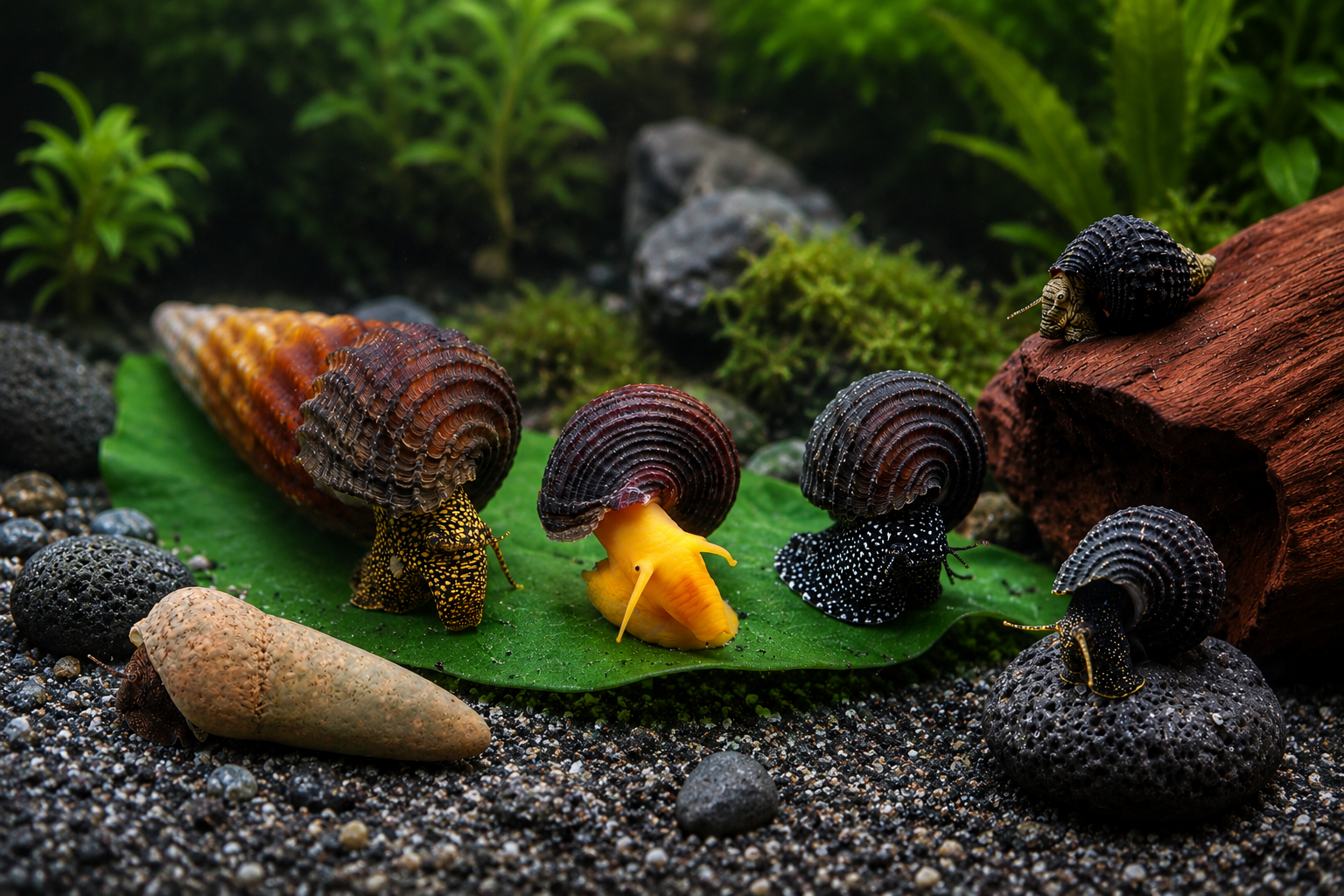 unterschiedliche Tylomelania aquarium Schnecken aus dem Online shop auf einem Gruppenfoto