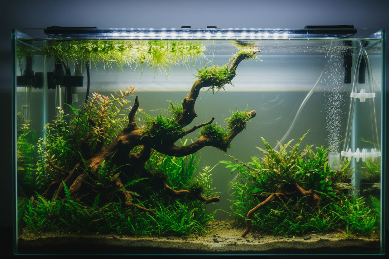 Ein schön und natürlich eingerichtetes Aquarium mit notwendiger Technik