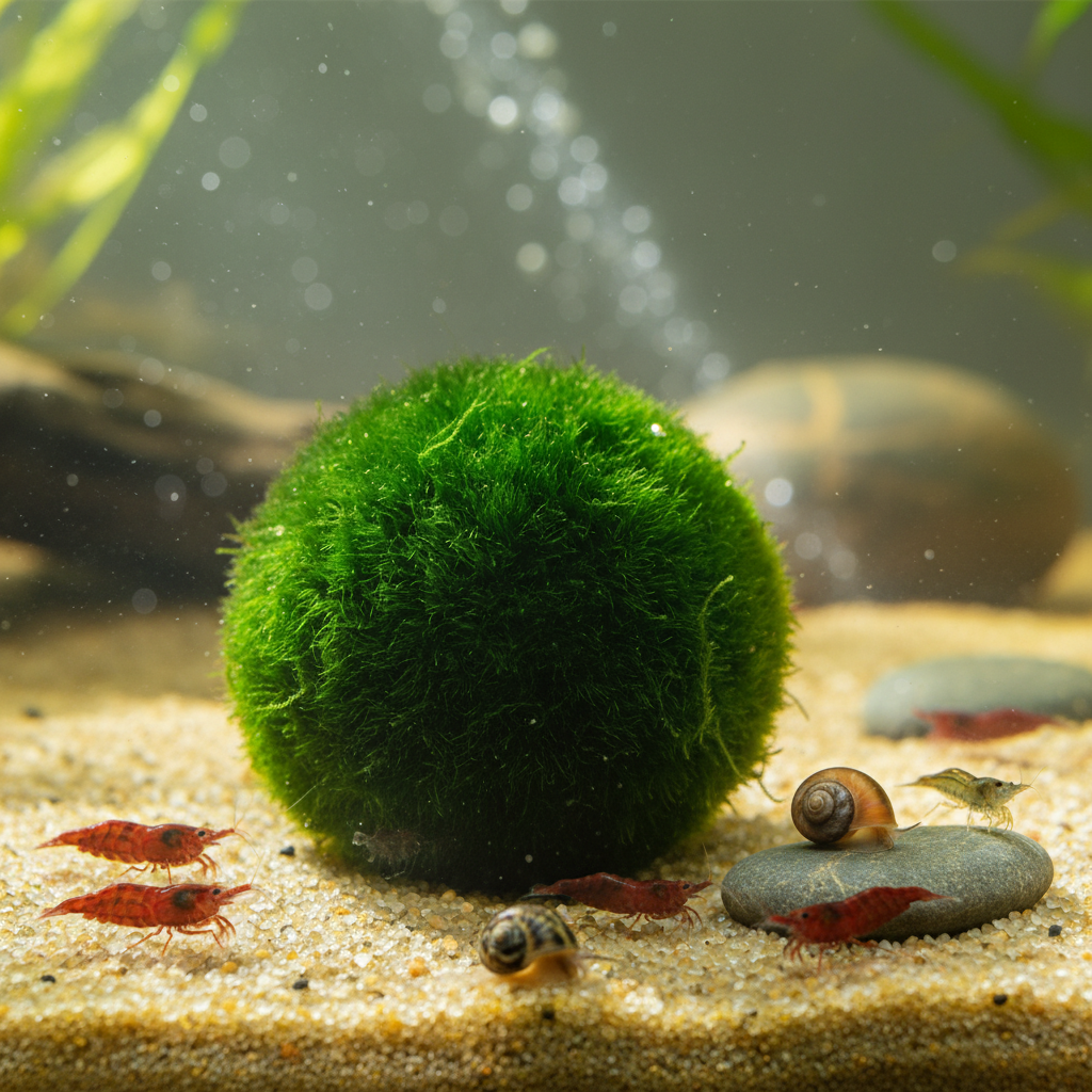 Mooskugel auf Sandboden im Süßasseraquarium mit Amanogarnelen und red fire Garnele