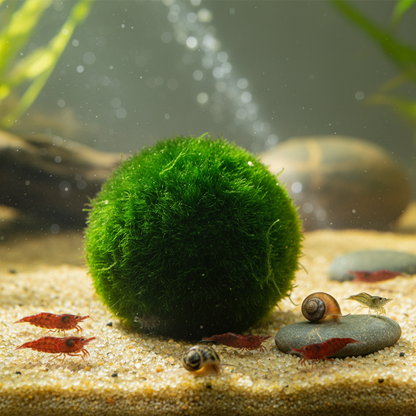Mooskugel auf Sandboden im Süßasseraquarium mit Amanogarnelen und red fire Garnele