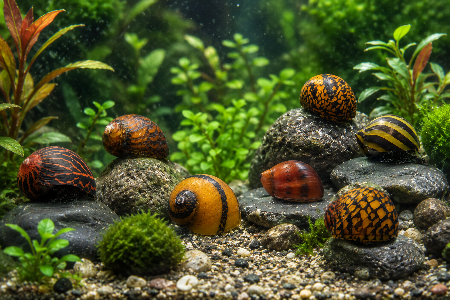 unterschiedliche Rennschnecken Arten (neritina) im bepflanzen aquarium auf Lavastein