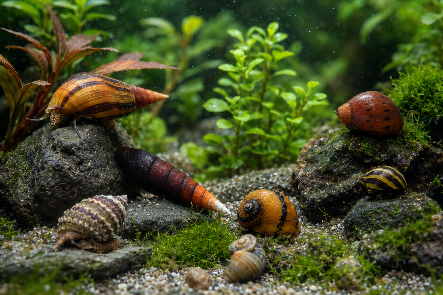unterschiedliche Wasserschnecken im bepflanzten aquarium 